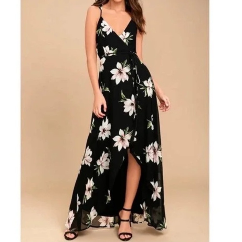 Lulus All Mine Black Floral Print High-Low Wrap Dress Size XS